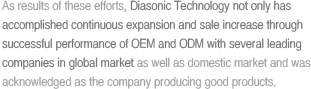 As results of these efforts, Diasonic Technology not only has accomplished continuous expansion and sale increase through 
successful performance of OEM and ODM with several leading companies in global market as well as domestic market and was acknowledged as the company producing good products.